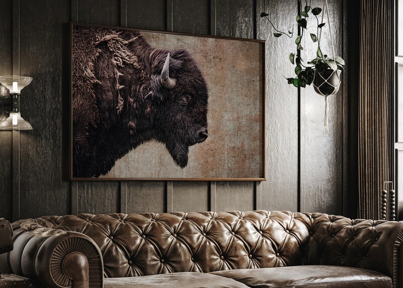 Bison photo wall art, buffalo painting canvas print, western decor, large photo wall art, rustic cabin decor, old west print
